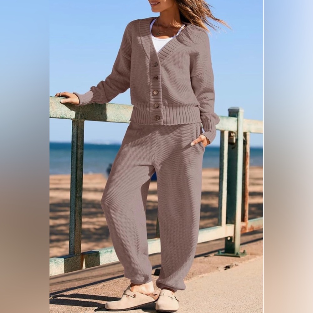 Women's 2 piece Cool Brown Button-Up‎ Sweater Set